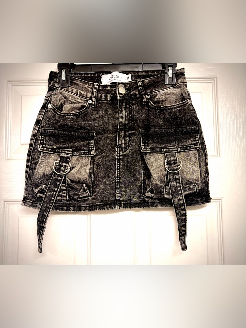 refuge Black Washed Denim Cargo Mini Skirt